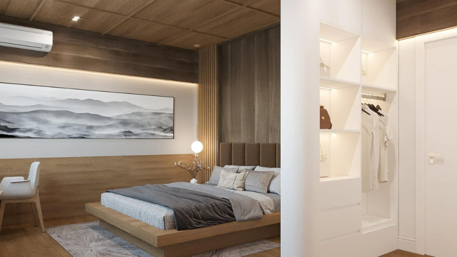 Phòng ngủ master có màu gỗ chủ đạo