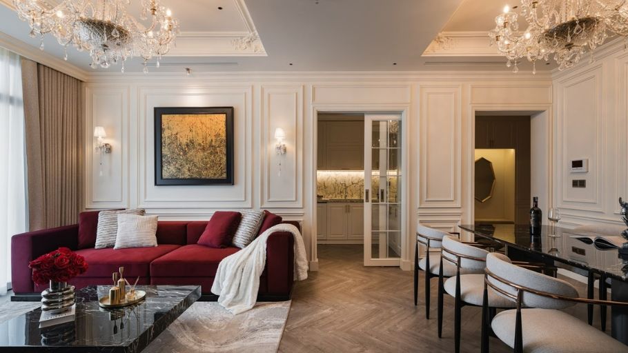 Phòng khách trong căn hộ Hateco Apartment kiểu Pháp