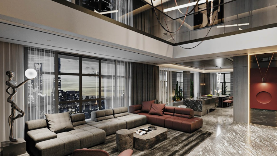 Góc nhìn từ tầng lửng: thông tầng rộng lớn, sofa boucle nâu ấm áp và đèn chùm nghệ thuật