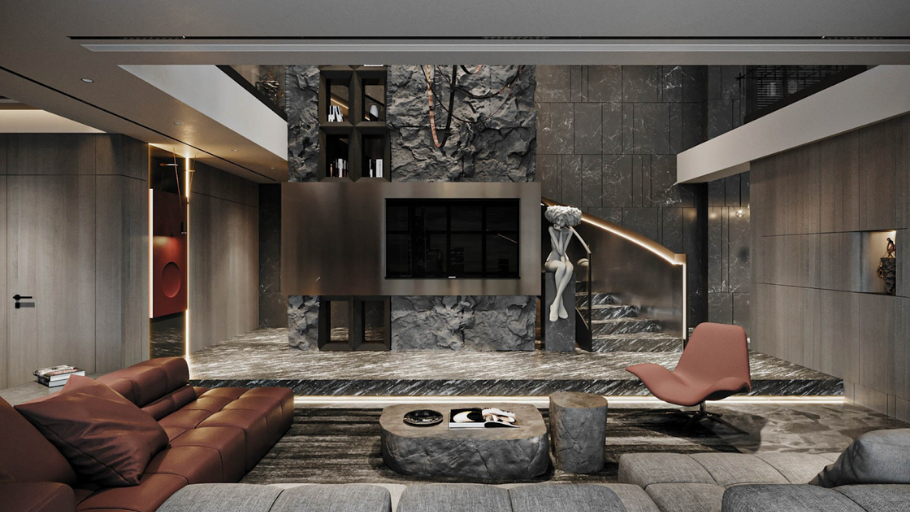 Tường đá vân độc đáo làm nền cho sofa da nâu và ghế lounge hồng