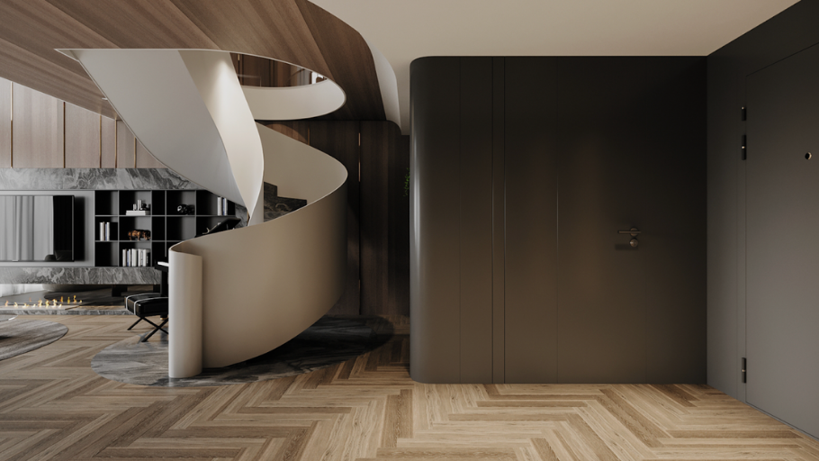 Không gian chuyển tiếp hoàn hảo với cầu thang xoắn trắng kem, sàn herringbone và trần uốn lượn