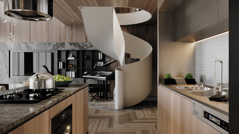Cầu thang xoắn trong căn hộ Duplex Hateco Laroma
