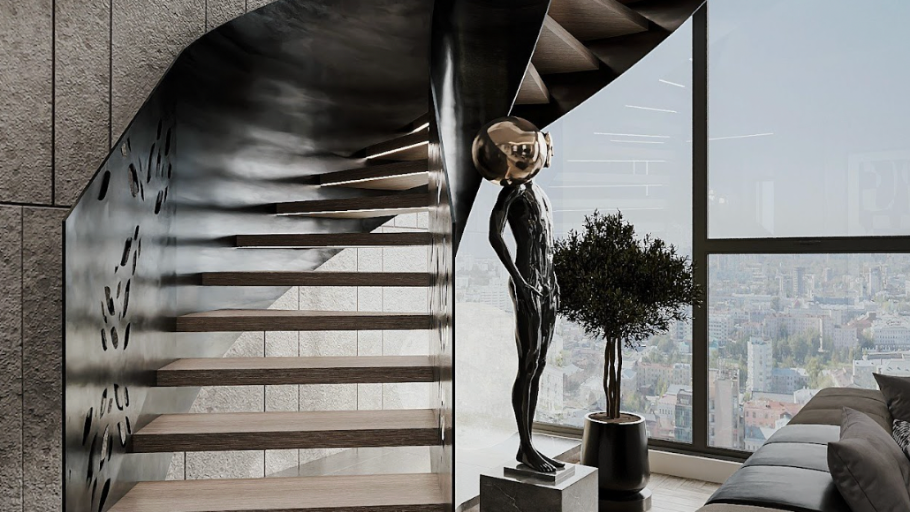 Cầu thang xoắn trong căn hộ Ecopark Duplex