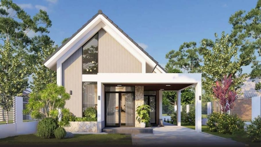 Mẫu biệt thự 1 tầng 2 phòng ngủ có gác xép