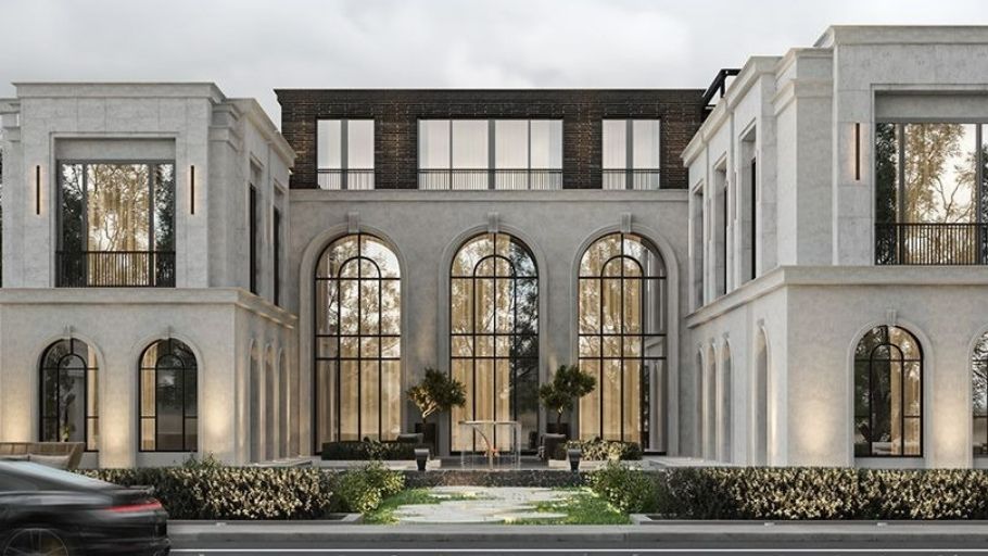 Biệt thự 2 tầng Tân Cổ Điển Urban Classic Villa – mặt tiền được thiết kế tinh tế với hệ cột và ban công, phù hợp không gian đô thị 