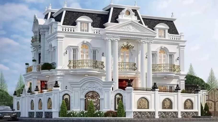 Biệt thự tân cổ điển 4 tầng mái Mansard trắng kem