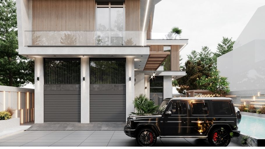 Mẫu villa 2 tầng hiện đại với hình khối dứt khoát và mặt tiền tối giản