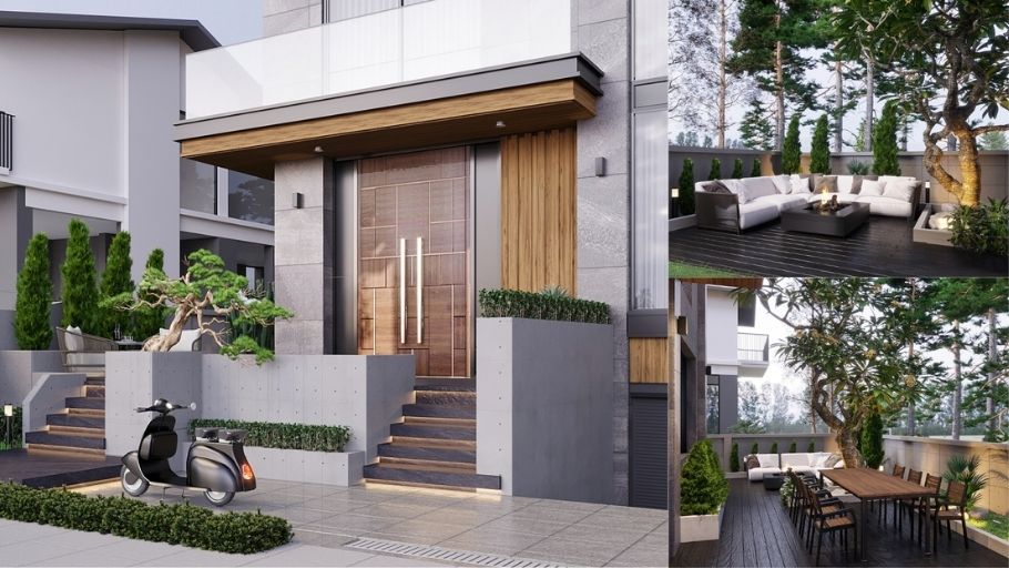 Mặt tiền villa 2 tầng sử dụng vật liệu hiện đại, nhấn mạnh chiều sâu thị giác