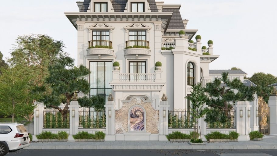 Cổng và tường rào được xử lý đồng bộ với ngôn ngữ mặt tiền chính