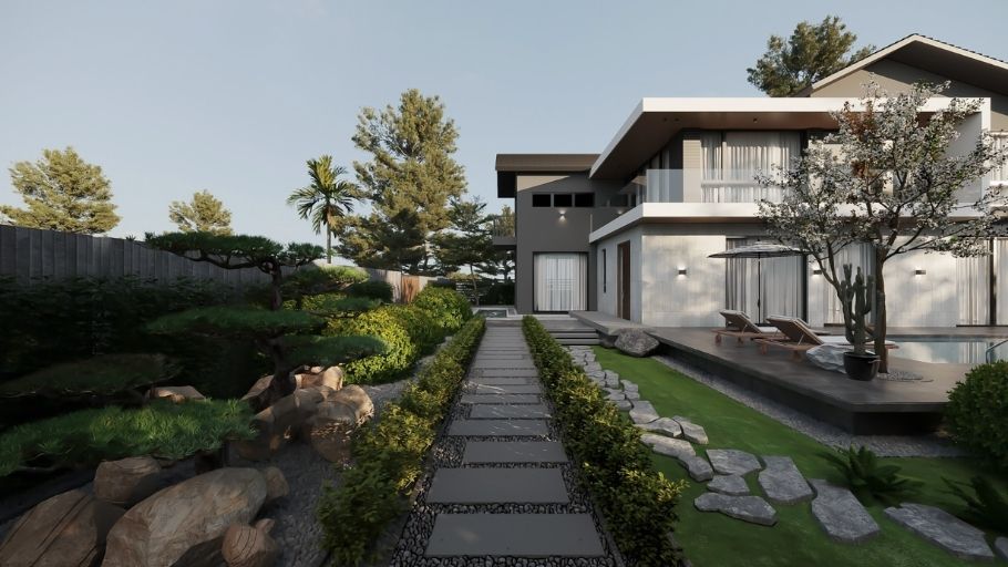 Tổng thể villa sân vườn hiện đại với hồ bơi trung tâm, kết nối trực tiếp không gian trong – ngoài