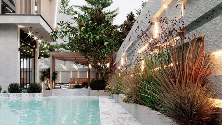 Tổ chức mặt bằng theo trục nhìn hướng về hồ bơi