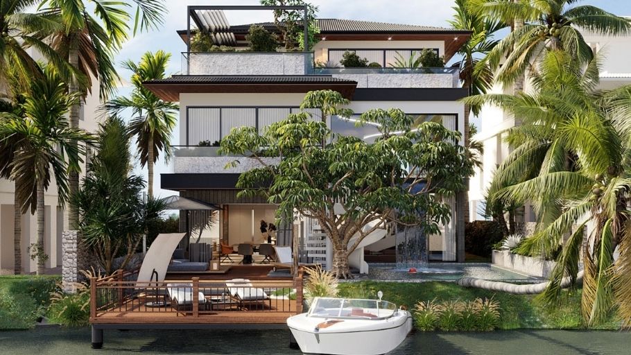 Nội thất tropical chic với bảng màu trung tính và xanh lá