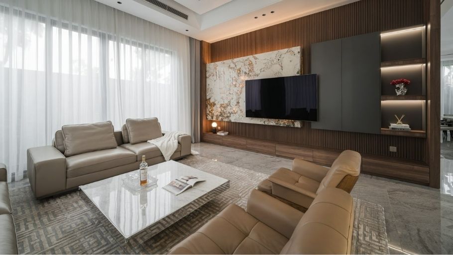 Phòng khách nội thất biệt thự gỗ dự án Villa Hải Phòng