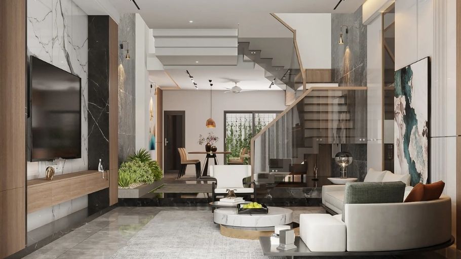 Nội thất biệt thự gỗ hiện đại với phòng khách nổi bật