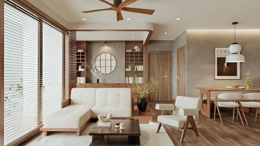 Phòng khách phong cách Japandi với nội thất gỗ