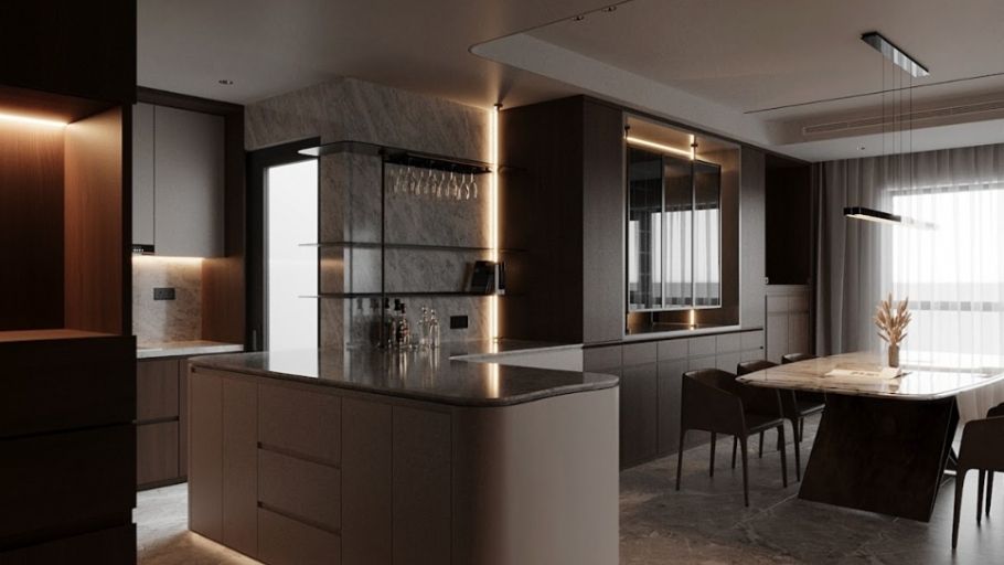 Đảo bếp hình oval đá marble, tủ gỗ tối màu hiện đại