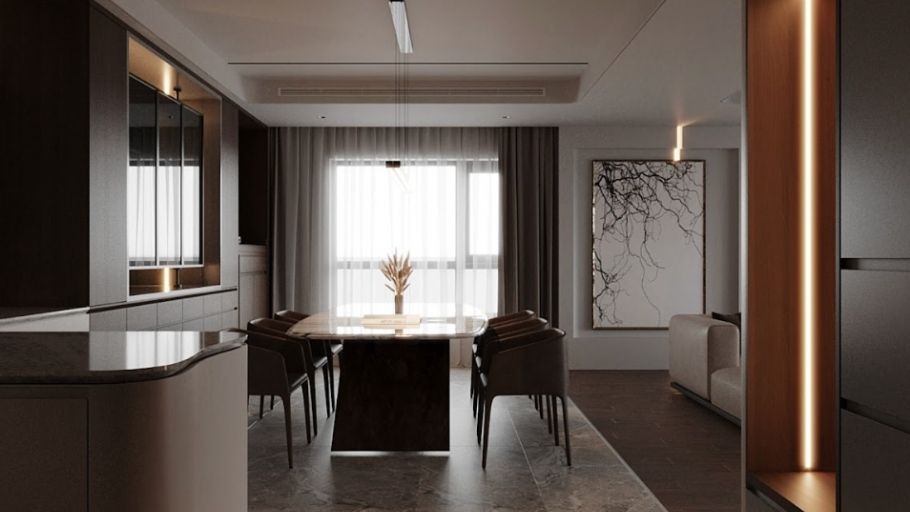 Phòng ăn dài với bàn đá, ghế bọc da nâu và kệ gỗ tối