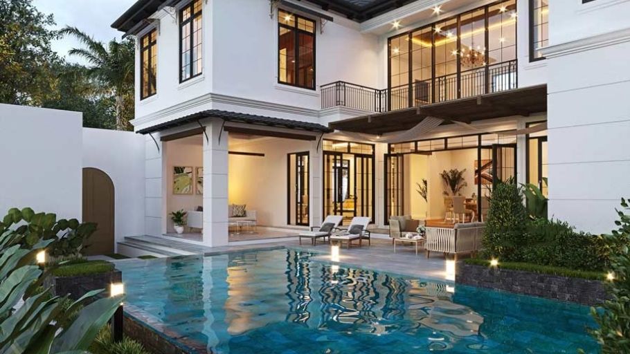 Hồ bơi phía sau biệt thự kiểu Mỹ mái Thái