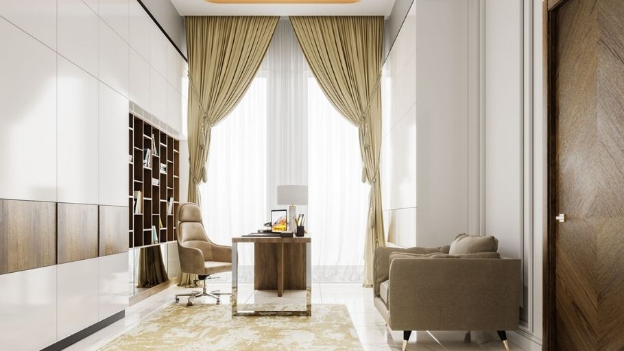 Phòng làm việc với kệ gỗ óc chó, bàn da be, rèm lụa