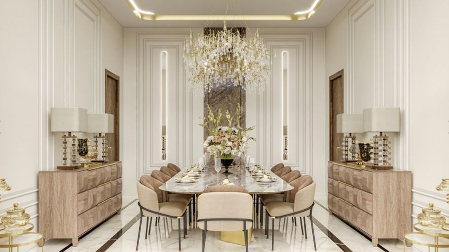 Phòng ăn tân cổ điển với bàn đá, đèn chùm và tường phào chỉ