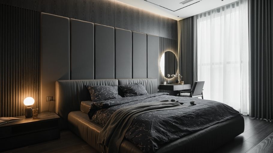 Phòng ngủ Master với vách ốp da tiêu âm
