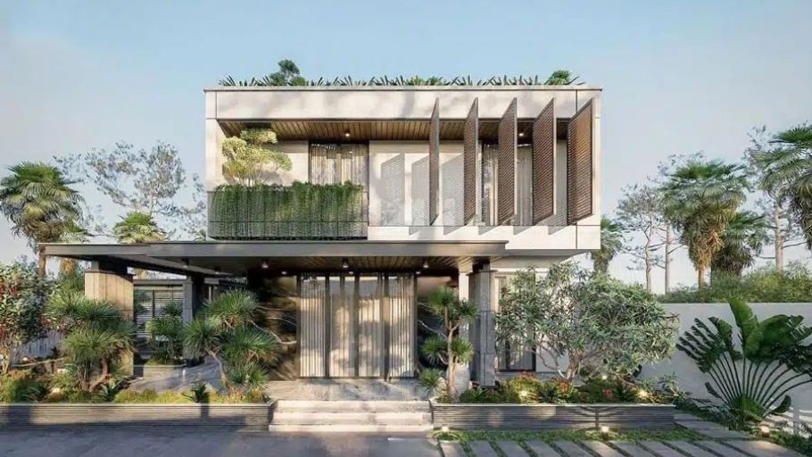 Biệt thự 200m2 2 tầng hiện đại với mái bằng xanh