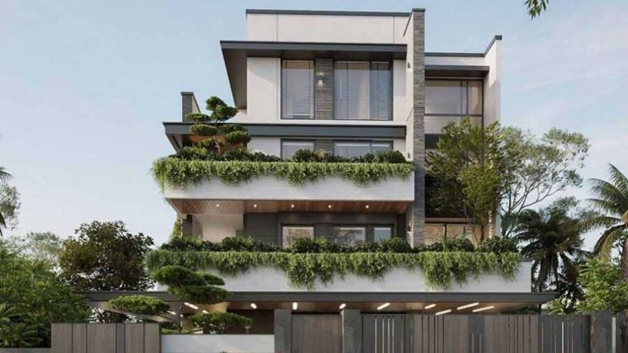 Biệt thự 200m2 4 tầng đương đại với mái vườn xanh