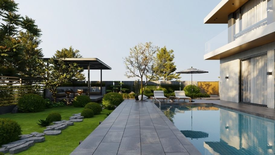 Hồ bơi tràn bờ kết hợp mảng xanh nhiều tầng, tạo cảm giác nghỉ dưỡng tại gia