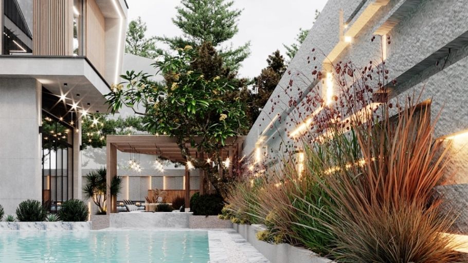 Biệt thự 200m2 tổ chức mặt bằng theo trục nhìn hướng về hồ bơi