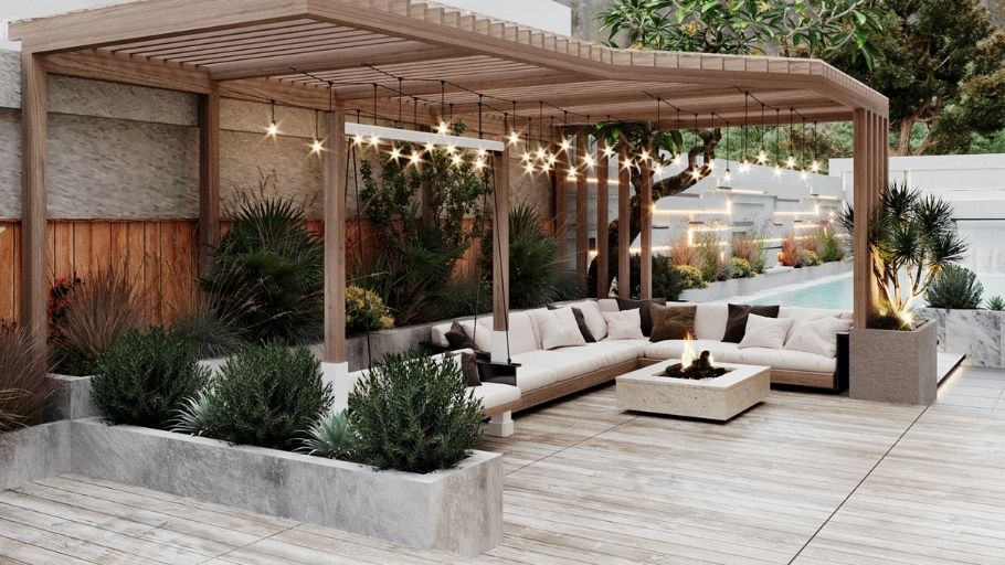 Terrace ngoài trời đẳng cấp với pergola gỗ tự nhiên