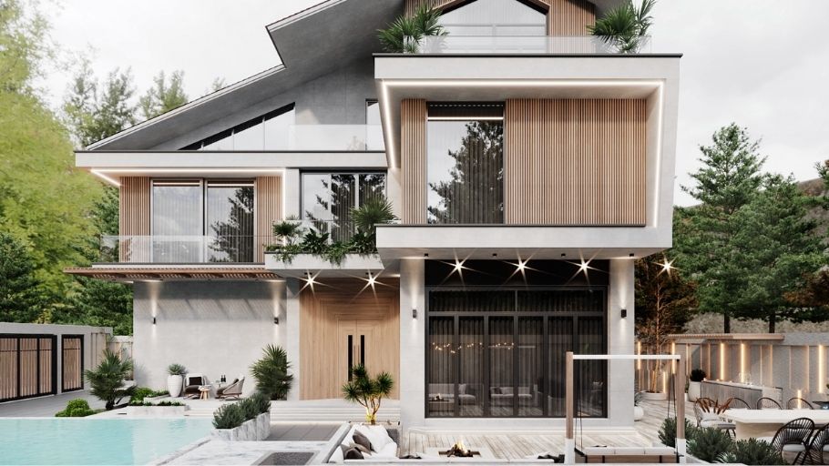 Hồ bơi trong biệt thự 200m2 được thiết kế song song khối nhà, tăng chiều sâu cho tổng thể