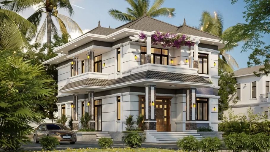Biệt thự 2 tầng mái Thái hiện đại, mặt tiền trắng kem