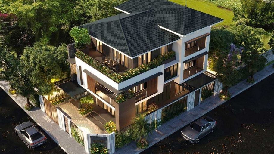 Biệt thự 3 tầng mái Nhật hiện đại, mái dốc đen chồng lớp