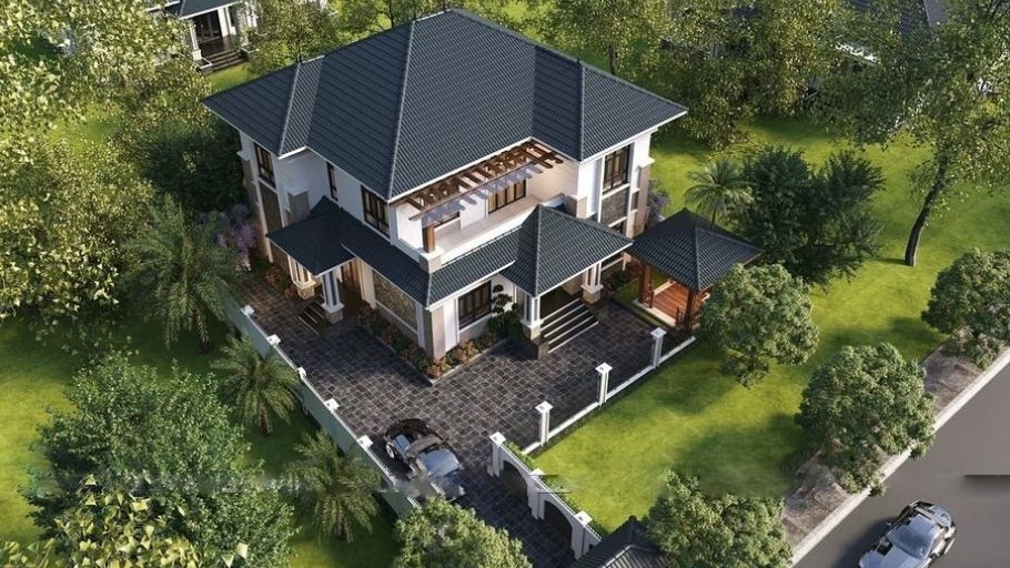 Biệt thự 2 tầng mái Nhật đương đại, mái ngói đen, khối nhà trắng-gỗ