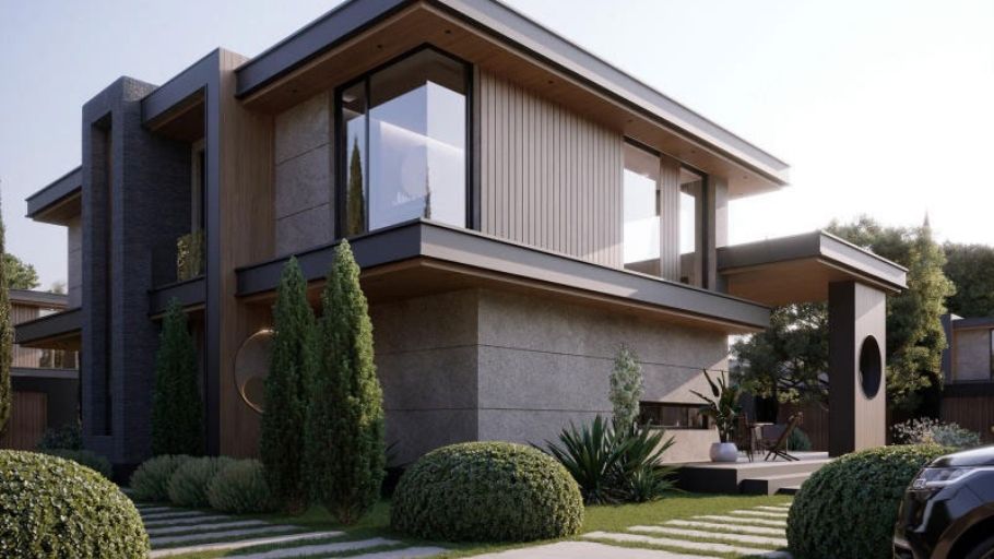 Biệt thự 2 tầng mái bằng hiện đại, khối nhà chồng lớp với mặt tiền bê tông xám – gỗ tự nhiên, kính toàn cảnh tầng 2, sân vườn hình khối và lối đi đá lát, sang trọng và đương đại