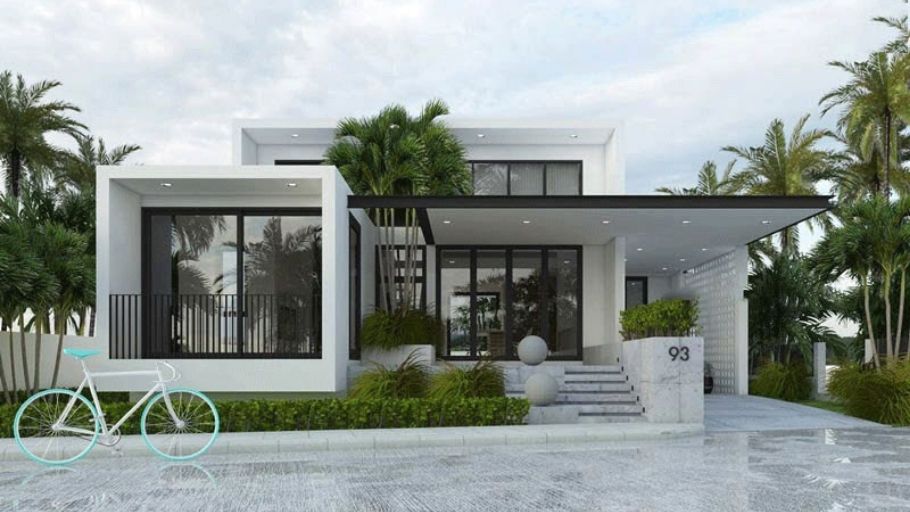 Biệt thự 2 tầng mái bằng phong cách nghỉ dưỡng nhiệt đới, mặt tiền trắng