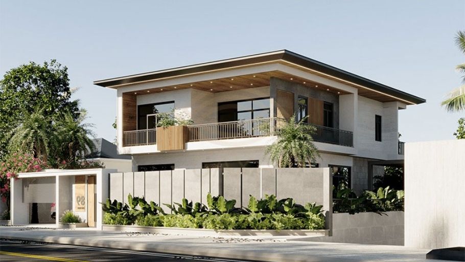 Biệt thự 2 tầng mái bằng tối giản, khối nhà trắng – gỗ nâu, mái đen viền LED, ban công kính trồng cây xanh, sân vườn nhiệt đới, thanh lịch và gần gũi thiên nhiên