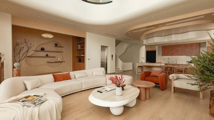 Bố cục mở kết nối phòng khách và bếp