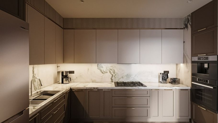 Hệ tủ bếp chữ L với tông màu Taupe (nâu xám) lì mịn mang lại cảm giác thời thượng tại phòng bếp trong biệt thự 300m2 Tân Cổ Điển