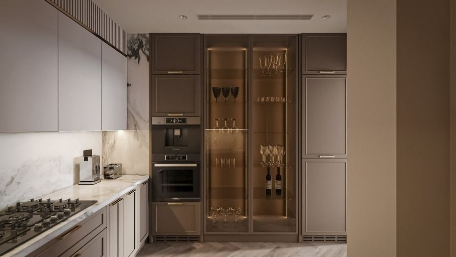 Sự tinh gọn của phòng bếp trong biệt thự 300m2 Tân Cổ Điển được đảm bảo nhờ các thiết bị bếp cao cấp (lò nướng, máy pha cà phê...) được lắp đặt âm tủ hoàn hảo