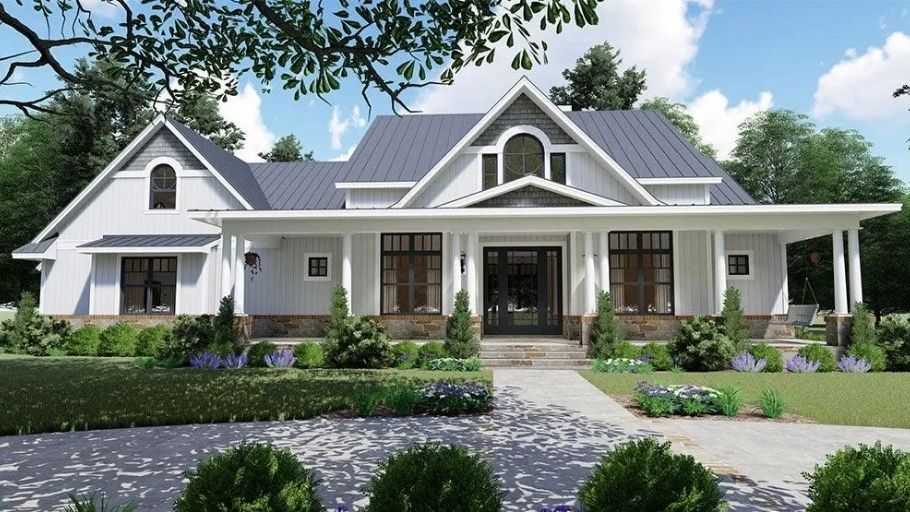 Biệt thự 1 tầng 300m2 kiểu Mỹ mới với siding trắng, mái xám, hiên rộng và cửa sổ lớn đón sáng tự nhiên