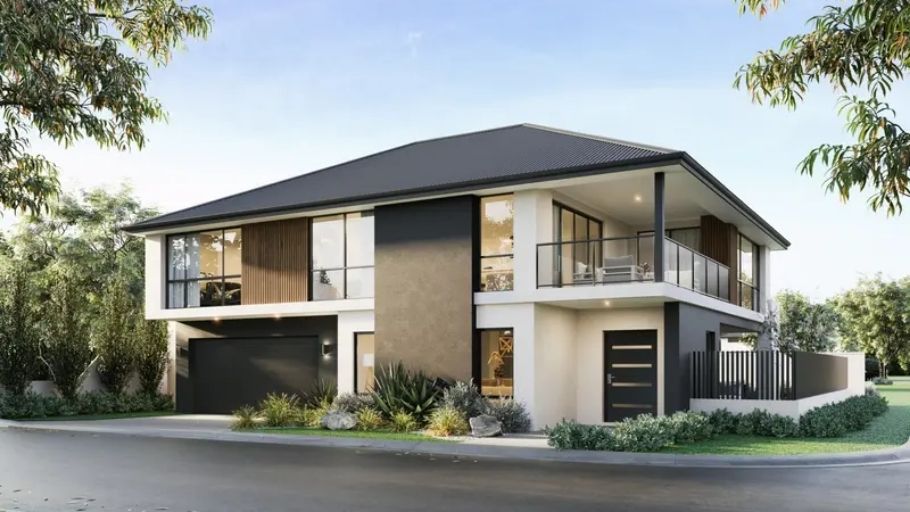 Nhà 2 tầng phong cách contemporary, mái đen, ban công kính và khối bê tông kết hợp gỗ ấm áp