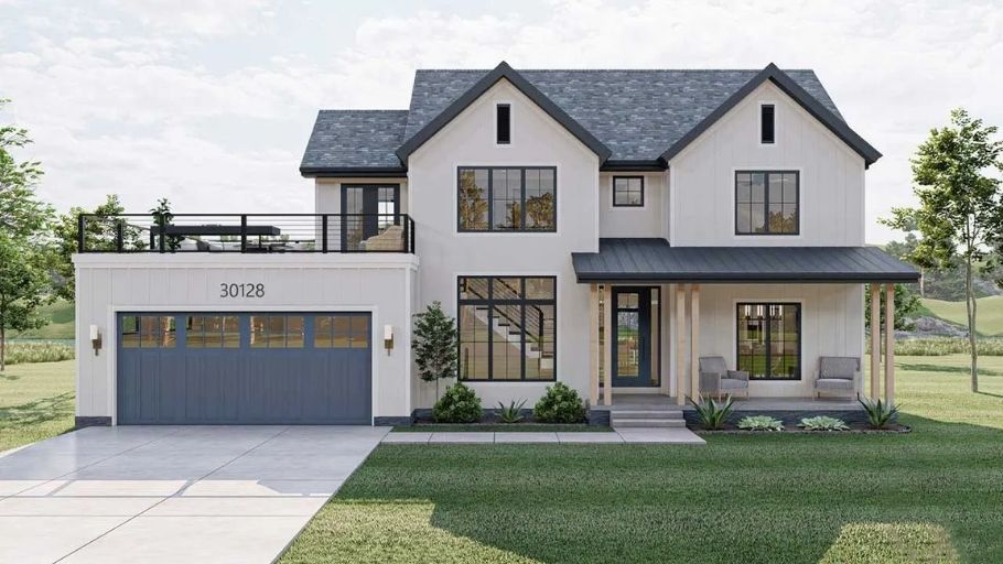 Nhà 2 tầng kiểu Mỹ mới, siding trắng, mái đen, gara xanh xám và hiên porch gỗ thoải mái