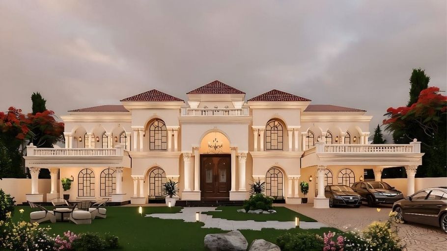 Biệt thự 3 tầng kiểu Mỹ luxury với cột trụ cao, vòm cửa lớn, mái đỏ và ban công rộng rãi sang trọng