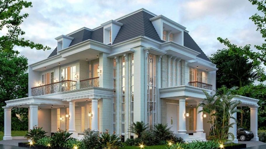 Biệt thự 3 tầng trắng kem luxury, cột Corinthian, ban công kính và mái dốc đối xứng tinh tế