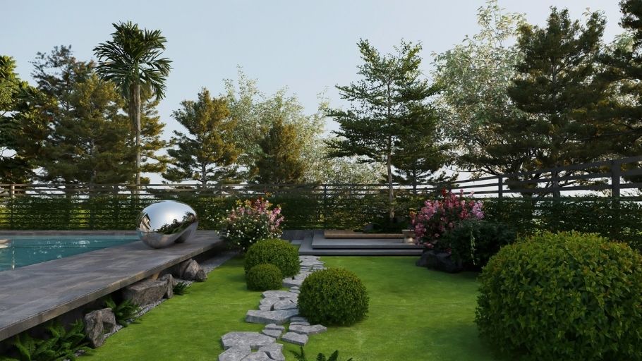 Thiết kế cảnh quan kết hợp thảm cỏ, cây bóng mát và hồ bơi tạo vi khí hậu mát mẻ
