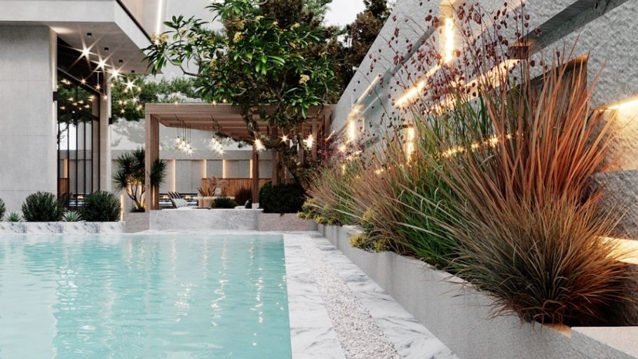 Tổ chức mặt bằng của biệt thự 300m2  theo trục nhìn hướng về hồ bơi