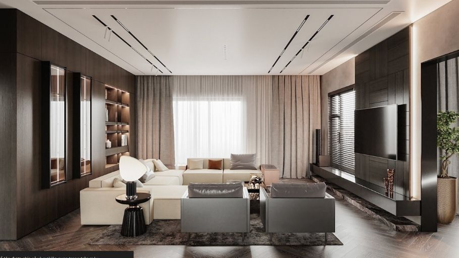 Phòng khách hiện đại với ánh sáng tự nhiên dịu nhẹ, nội thất tối giản kết hợp gam màu trung tính mang lại cảm giác thư giãn và đẳng cấp