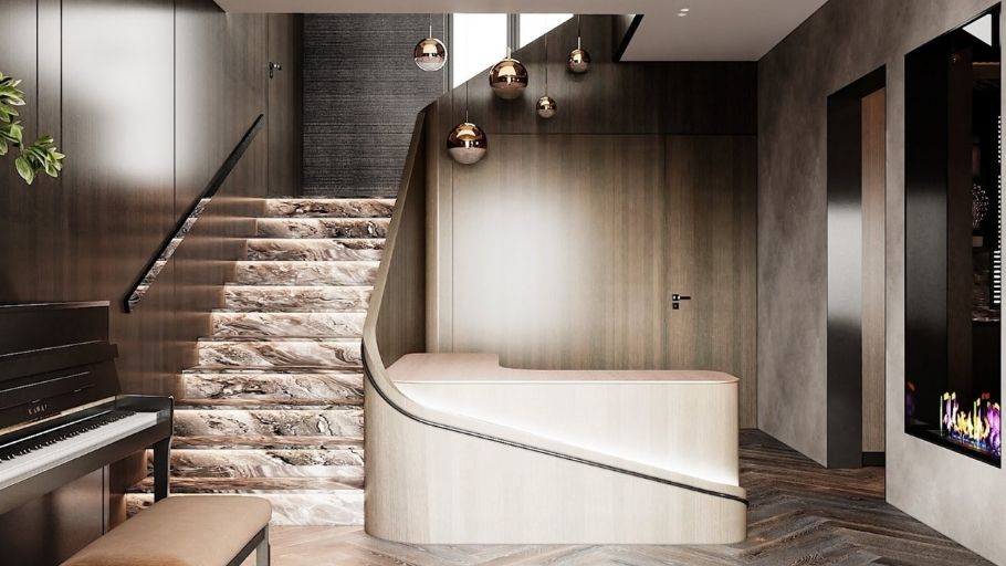 Cầu thang thiết kế hiện đại với ánh sáng hắt tường, tạo nên lối chuyển tầng thanh thoát và đầy nghệ thuật