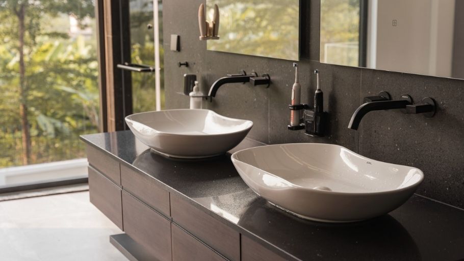 Chi tiết đôi lavabo sứ organic và vòi đen matte